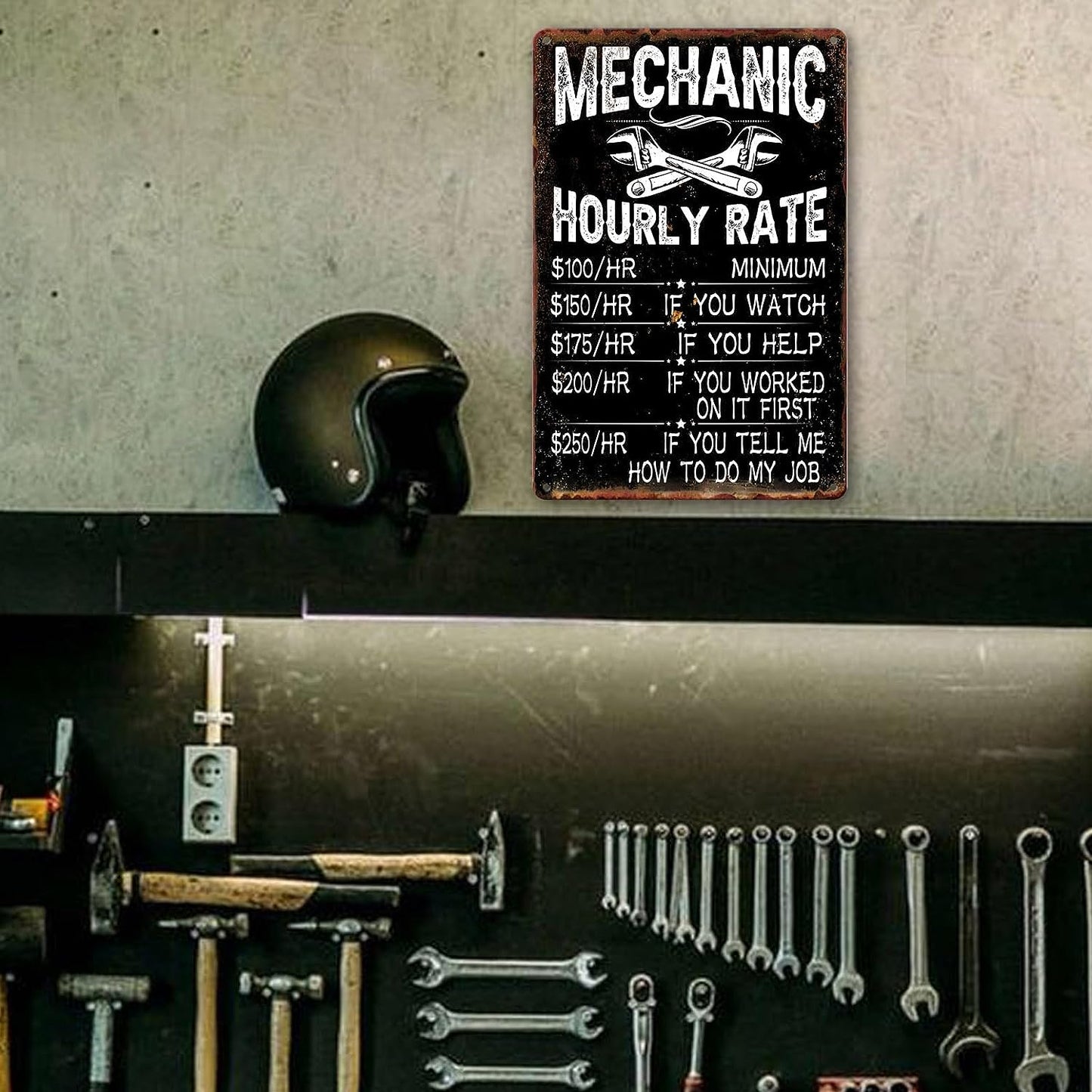 Mechanic Hourly Rate Reproduction Metal Tin Sign Mechanic Shop Decor Funny Mechanical Metal Signs Garage Shop Rates Tin Signs Vintage Wall Decor Metal Art Mechanic Car Signs Decor Maintenance Workshop Plaque 12x8 Inch