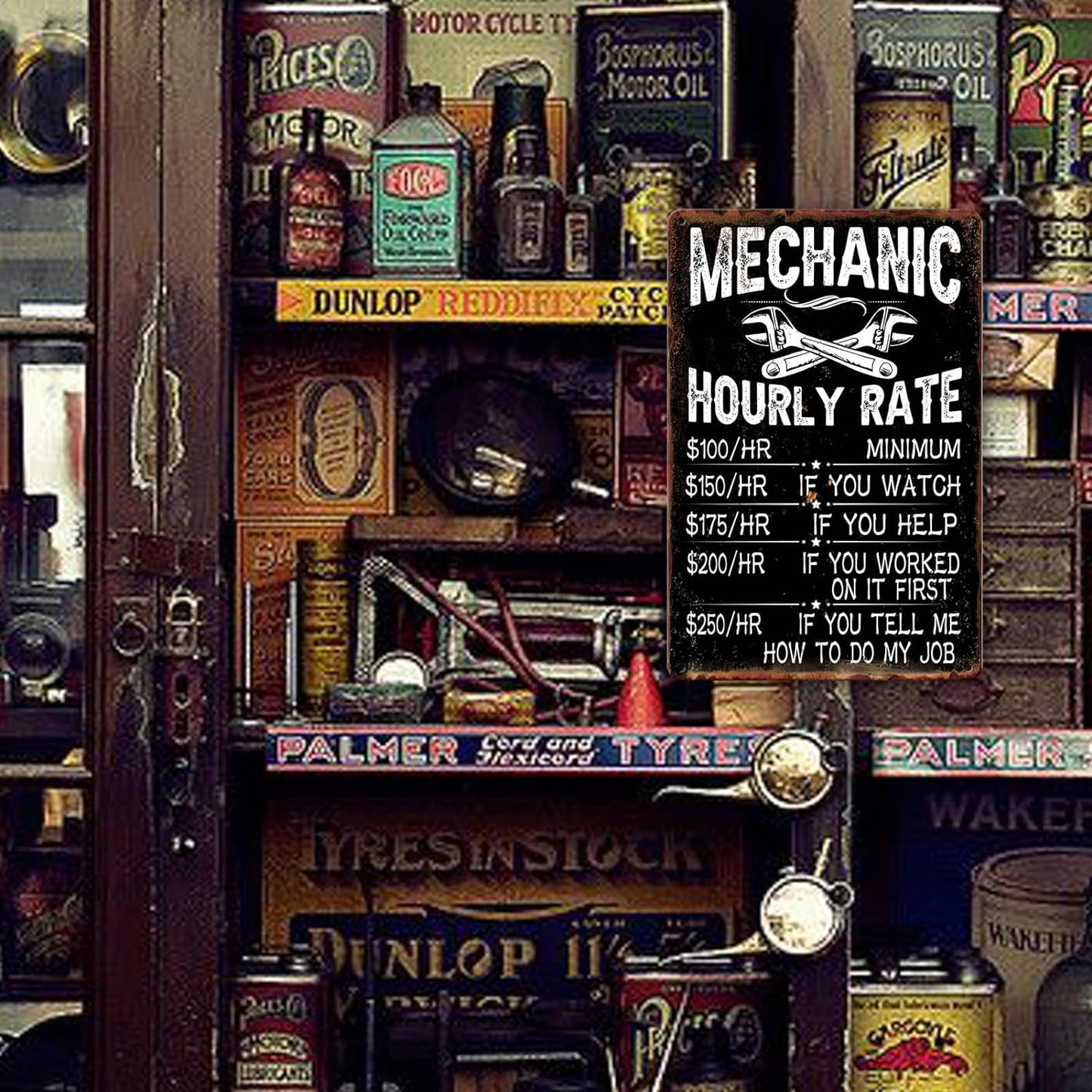 Mechanic Hourly Rate Reproduction Metal Tin Sign Mechanic Shop Decor Funny Mechanical Metal Signs Garage Shop Rates Tin Signs Vintage Wall Decor Metal Art Mechanic Car Signs Decor Maintenance Workshop Plaque 12x8 Inch