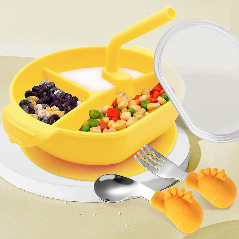 pipicars Baby Hygienic Silicone Dinner Plate With Straw （Includes spoon and fork）